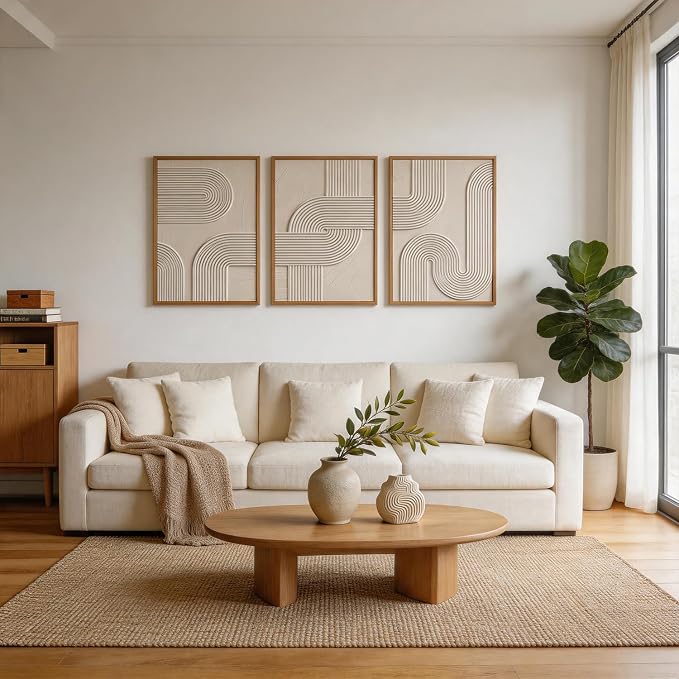 CHDITB 3D Impasto Relief Abstract Curved Geometric Arch Textured Framed Canvas Wall Art Set, Neutral Earth Tone Minimalist Wall Decor, Modern Art Prints for Living Room Hallway Bedroom Decor 16"x24"x3