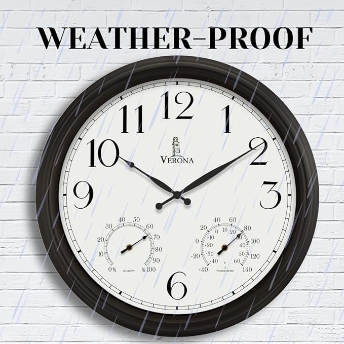 24 inch Outdoor Clocks for Patio Large Waterproof with Thermometer - Black Outdoor Wall Clock with Temperature and Humidity Combo - Weatherproof, Accurate & Easy to Read for Pool, Garden & Home Decor