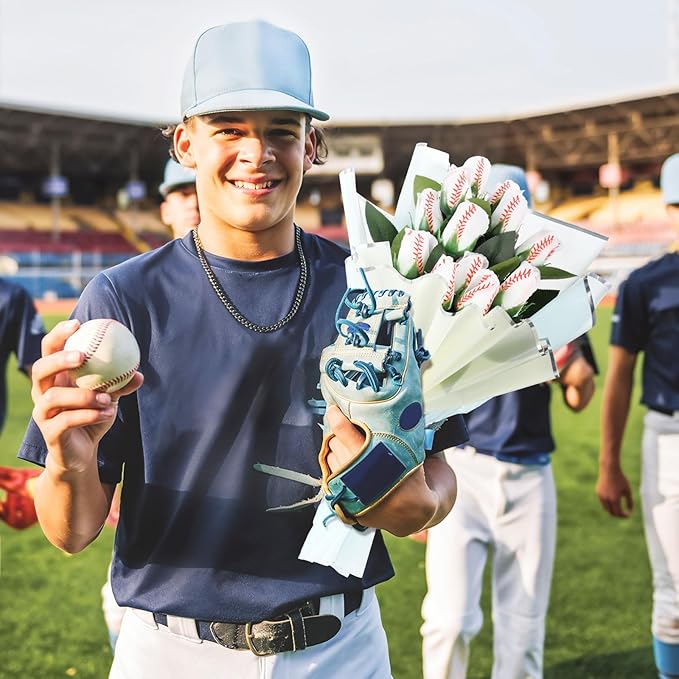 Suhine 6 Pcs Artificial Baseball Rose Flowers Sports Party Favors Bulk for Birthday Graduation Wedding Party Decorations Table Centerpieces Game Prizes Senior Night Gifts(Baseball Color, Normal)