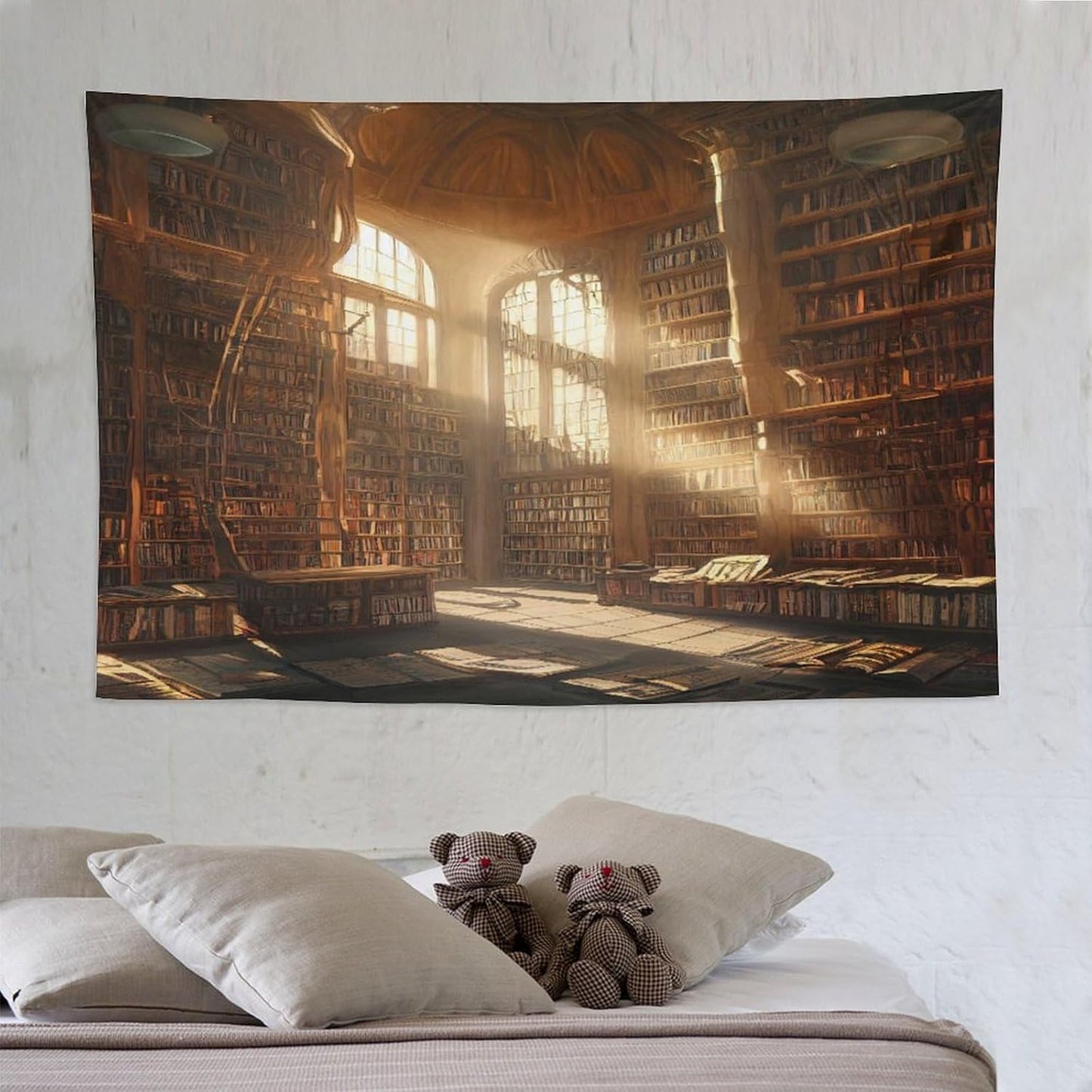 Kurtect Retro Bookshelf Tapestry,Medieval Mid Century Library Building Pattern Print Tapestries for Party Beach Picnic Blankets Tablecloths Living Room Wall Deocr, 60x90 in