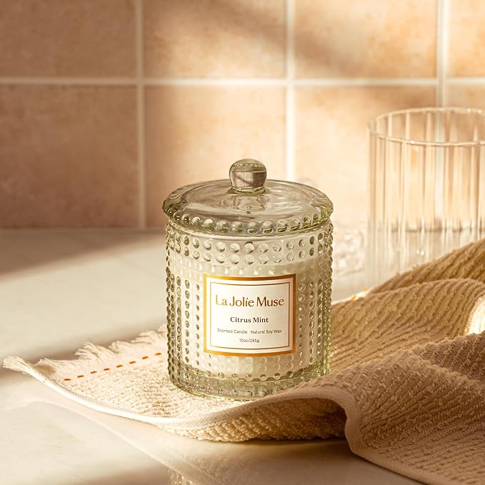 LA JOLIE MUSE Citrus Mint Scented Candles for Home, Natural Soy Wax, 55 Hrs | Large Jar Luxury Candle, Clean Non Toxic, Gift for Women & Men, Decorative Fresh Candle, Spring Summer Candles, Bergamot Yuzu