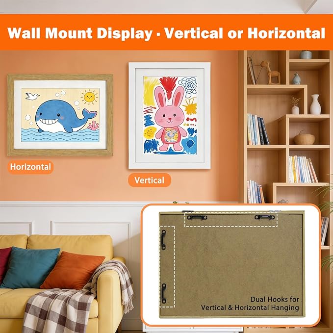 Kids Art Frames 8.5x11, 4-Pack Front Opening Changeable Picture Frames for Kids Artwork, Holds 150 Pieces Each, Artwork Storage and Wall Display Frame for Drawings, Portfolio, White & Wood