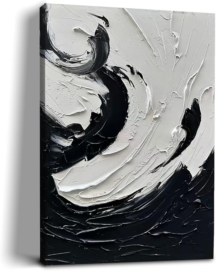 NANKAI Art 40x28 inches Hand-Painted Modern Wall Decorative Oil Painting Minimalist Style Art Black and White Abstract Thick Texture Painting Home Wall Decorative Painting