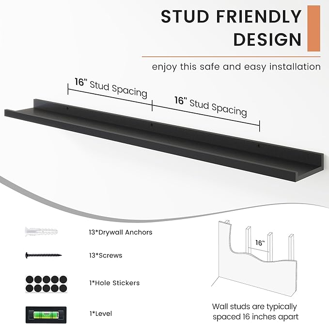 FLYJOE Floating Picture Ledge Shelves for Wall Set of 4, 48 Inch Wall Shelves with Lip Long Large Nursery Book Shelf for Toys Storage Kids Bookshelf Wall Mounted Living Room Bedroom Decor Frames
