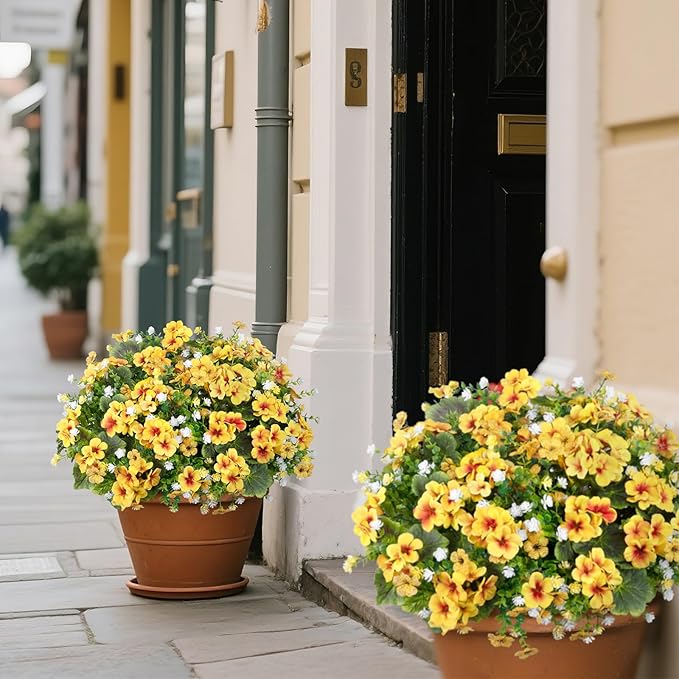 Ouddy Decor 18'' Artificial Geraniums Flowers for Outdoors, 10 Bundles Mixed Fake Silk Flowers Plastic Plants UV Resistant for Summer Garden Porch Patio Planter Home Decor, Yellow