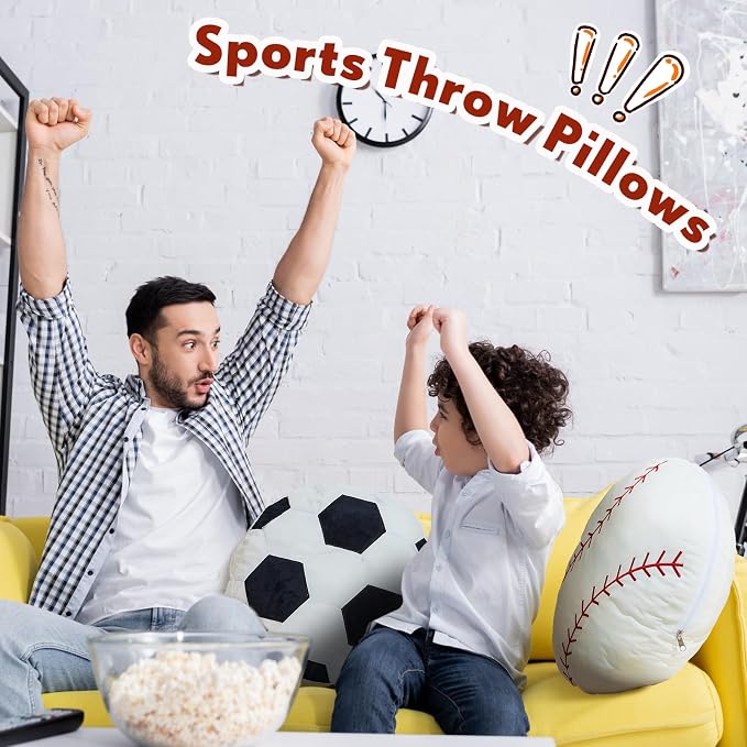 Juexica Sports Throw Pillows Fluffy Stuffed Soccer Basketball Baseball Pillow Plush Toy Sport Cushion for Room Decor Birthday Present(Large,Assorted Color,4)