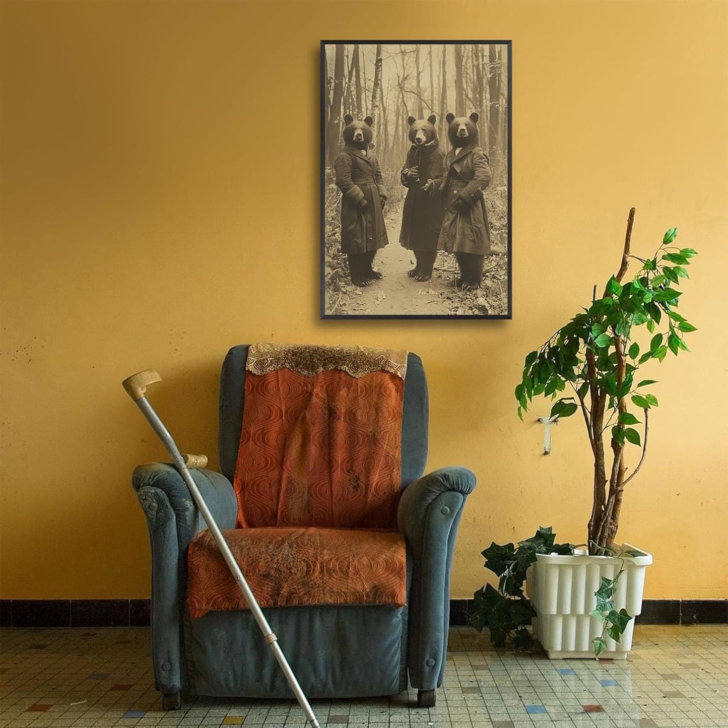 Vintage Horror Halloween Wall Decor Spooky The Three Bears In Occult Forest Spooky Canvas Wall Art Poster Gothic Dark Academia Decorations Room Creepy Print 12X16inch Aluminum Framed