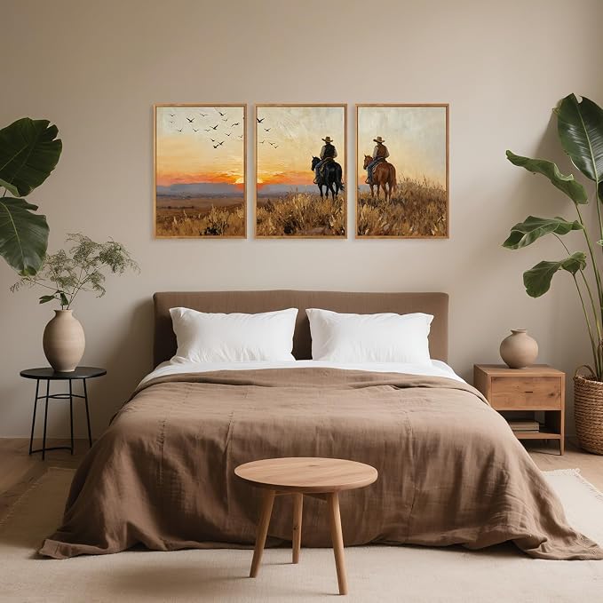 TOARTi Large Framed Western Cowboy Canvas Wall Art Set,Vintage Sunset Landscape Horseback Riding Wall Decor, Rustic Southwestern Art Prints for Farmhouse Living Room Bedroom Office-24”x35”x3