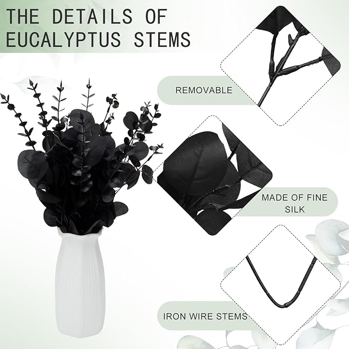 Giegxin 180 Pcs 3 Kinds Mixed Artificial Eucalyptus Leaves Stems Bulk Silver Dollar Leaves Picks Dried Eucalyptus Bundle Faux Spray for Wedding Vase Bouquet Floral Arrangement (Black)