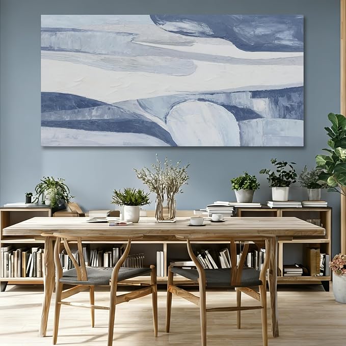 Hue7Art Abstract Blue and White Canvas Wall Art Contemporary Minimalist Landscape Artwork with Flowing Lines for Living Room Bedroom Office Entryway Wall Decor 29x58 Inch