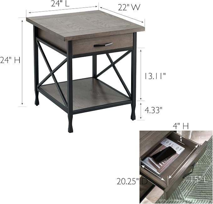 Leick Home 23007 Chisel & Forge One Drawer X Design Mixed Metal and Wood Side Table with Shelf, Smoke Gray and Matte Black, 22 in x 24 in x 24 in