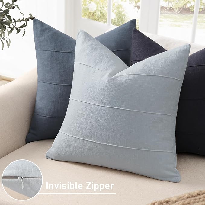 ZWJD Decorative Linen Throw Pillow Covers 24x24 Set of 2 Solid Handcrafted Striped Cushion Covers for Bed Soft Modern Farmhouse Neutral Pillowcase for Couch Bedroom Living Room Home Decor(Sky Blue)