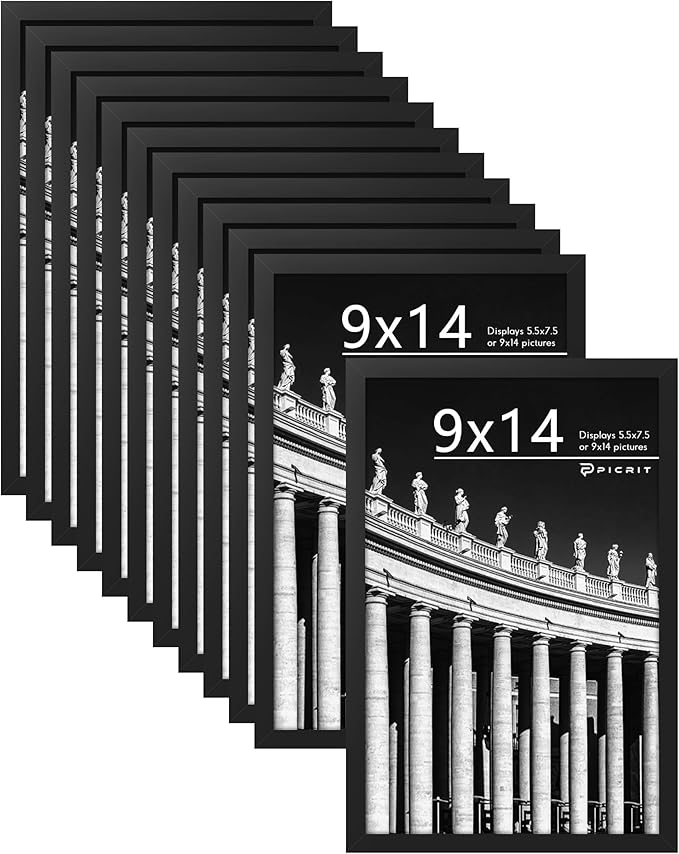 Picrit 9x14 Picture Frame Set of 12, Display 6x8 with Mat or 9x14 without Mat, Photo Frames for Wall Mounting or Table Top Display, Black