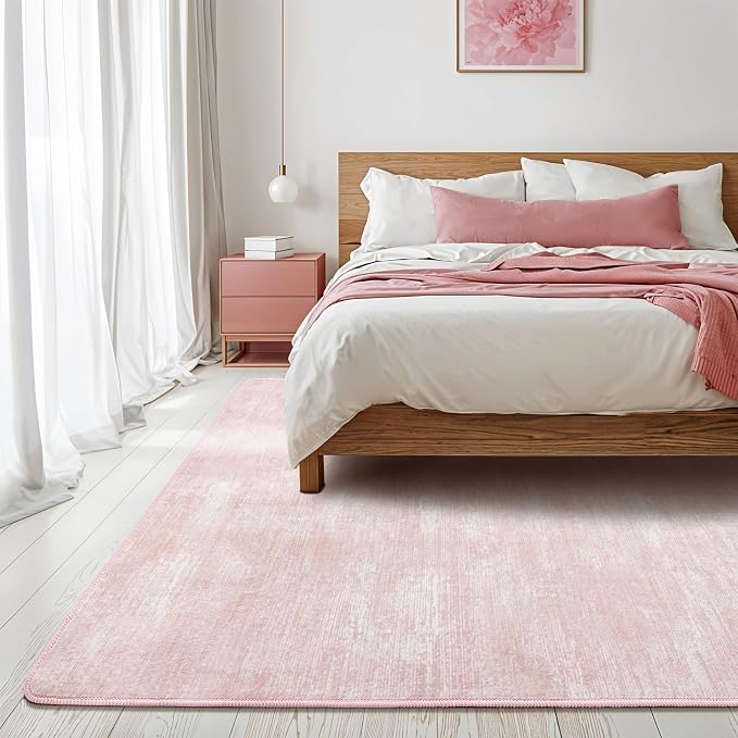 3x5 Washable Area Rug, Pink Solid Area Rugs for Living Room & Bedroom | Stain-resistant & Non-slip backing,Low Pile Washable Large Carpet, Solid Vintage Style For High Traffic Areas(3x5,Pink)