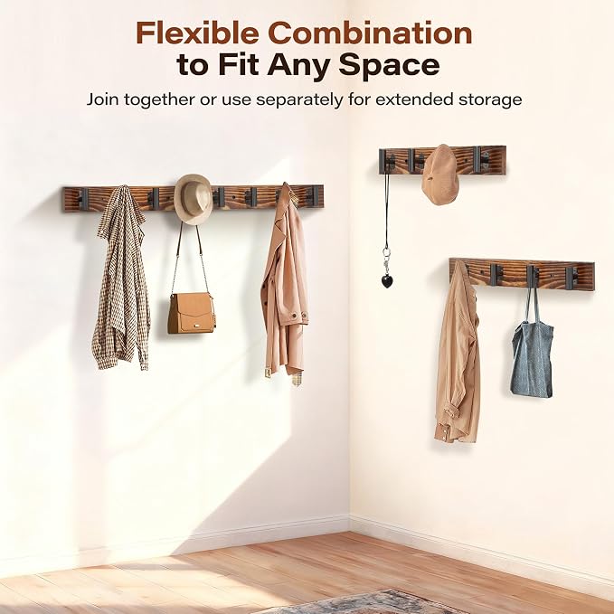 4 Pack Coat Rack Wall Mount, Rustic, Length Per Unit 16.2in | With 16 Black Metal Pre-Installed Hooks, Pine Solid Wood, Large Coat Hanger, For Entryway, Living Room, Bathroom