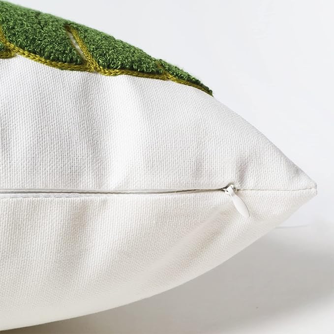 Embroidery Throw Pillow Cover 18x18 Green 7 Tropical Monstera Leaves Loop Plant Floor Pillow Cover for Couch Gift 100% Cotton Decorative Cushion Cover Home Décor Pillow Case 45x45cm, 1 Piece