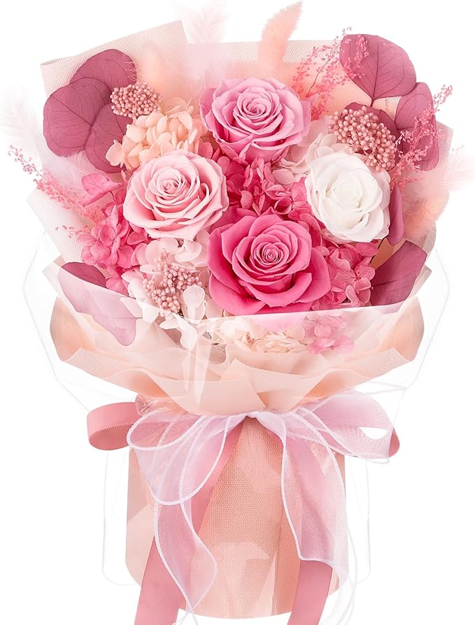 Flowers for Delivery Prime, 4 Pink Rose Preserved Flowers Bouquet Mothers Day Gifts for Mom, Birthday Gifts for Women Her Wife Girlfriend Grandma, Real Forever Flowers for Valentines Day Anniversary