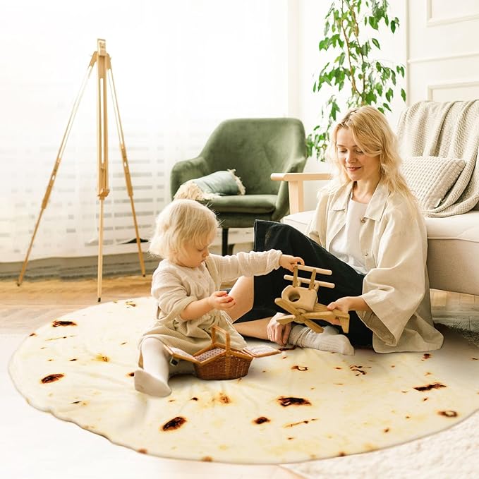 Vessia Burritos Tortilla Blanket Throw Size(Beige,71 inches), Giant Realistic Funny Food Throw for Adults and Kids, 300 GSM Double Sided Soft Novelty Round Taco Blanket