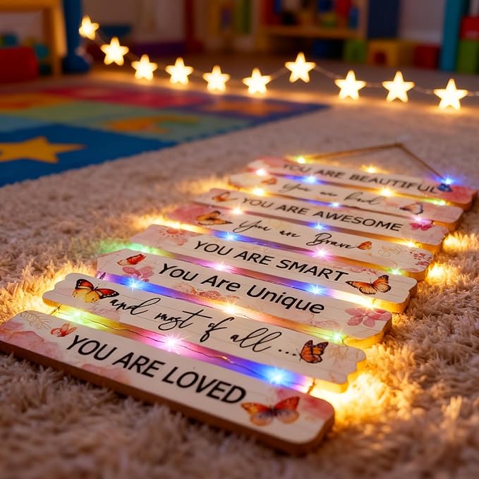 Vintage Classic Butterfly Sign Nursery Wall Decor Set of 8 with LED Lights, 11.4x2 Pink Cute Plaque Wall Art for Baby Girl Kid Teen Toddlers, 8 PCS Positive Wooden Quote Gift for kawaii Fairy Room