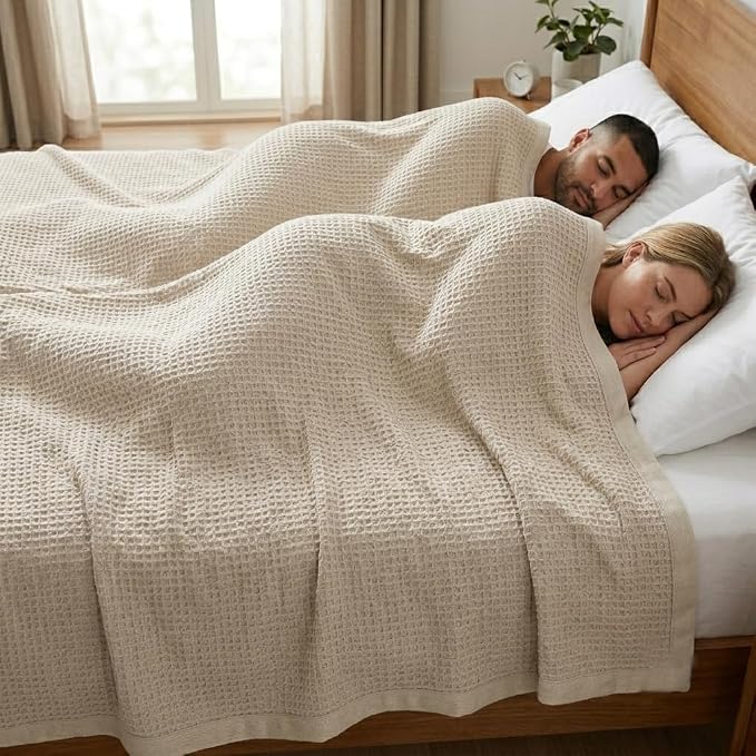 TreeWool Premium 100% Cotton Waffle Summer King Blanket (90"x108", Stone) | 420 GSM Breathable Lightweight Moisture Wicking Soft Knit Thermal Blanket for Bed or Sofa All-season Comfort Machine Washable
