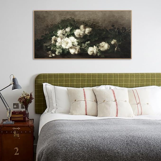 DJSYLIFE Vintage White Rose Still Life Framed Wall Art, Classical Painting | 20x40 Inch Floral Canvas Print, Solid Wood Frame, Ready to Hang, Elegant Decor for Living Room, Bedroom, Above Bed