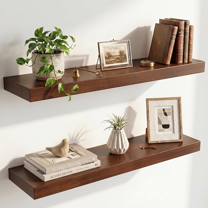 30 inch Floating Shelves for Wall, High End Solid Real Wood Floating Shelf with Heavy Duty Invisible Bracket 30in Long Wooden Wall Shelves for Living Room, Bedroom, Kitchen, Bathroom, Set of 2, Walnut