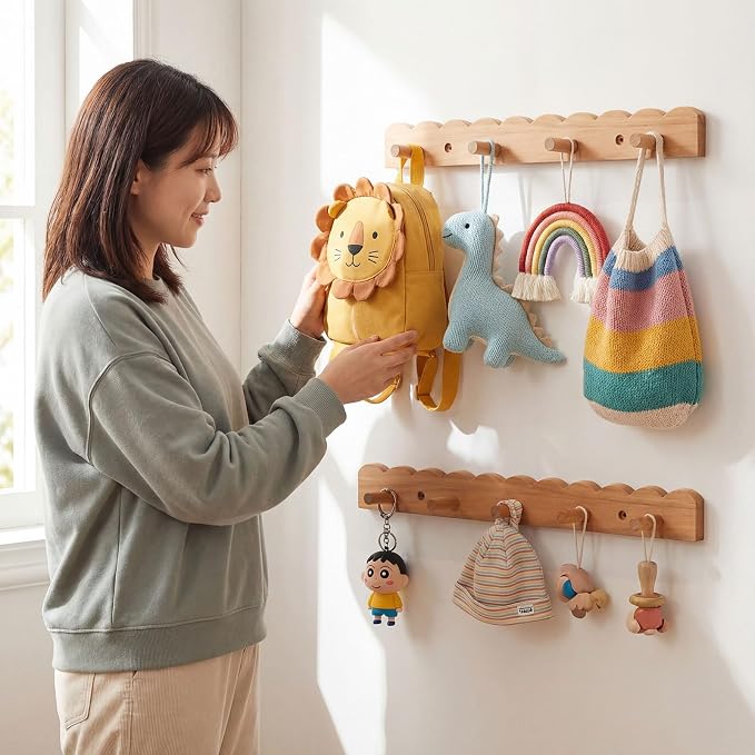 Leinuosen 2 Pack Scalloped Coat Rack Wall Mount Cute Nursery Wall Hook 16 Inch 8 Hooks Wood Backpack Hanger for Toddler Kids Clothes Hat Towel Keys Bathroom Classroom Playroom Nursery Decor