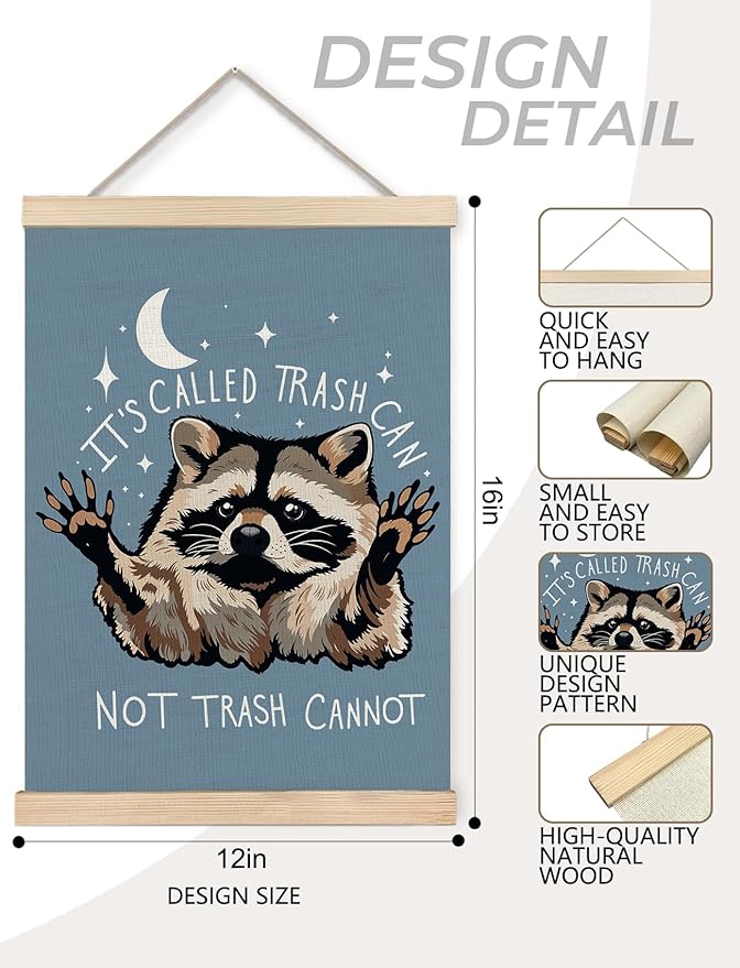 Foritho Funny Motivational Raccoon Meme Poster Wall Art Framed for Office Dorm Home, Sarcastic Work Trash Panda Office Canvas Prints Wall Decor for Coworkers Women Men, 12x16 Inch - Blue