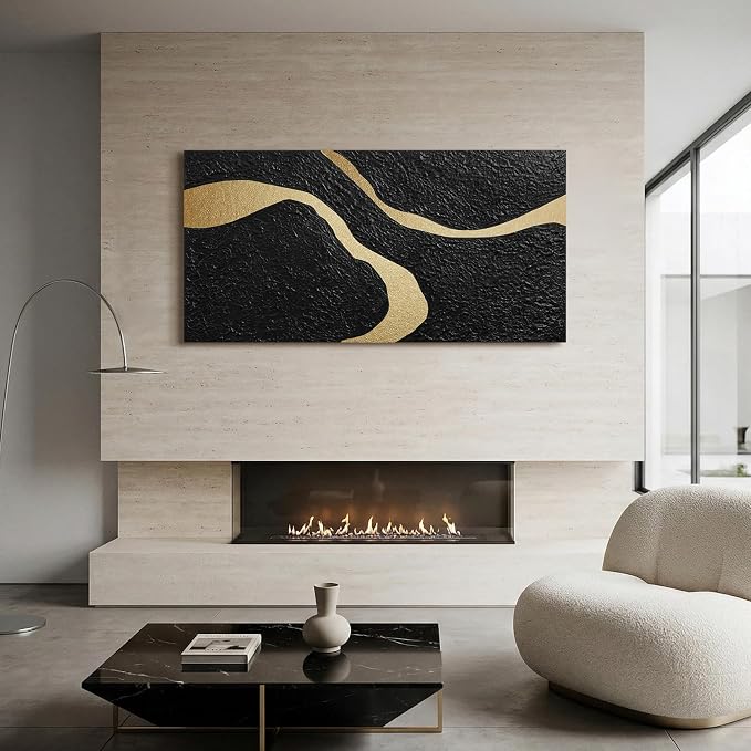 Large Horizontal Abstract Black & Gold Canvas Wall Art, Modern Wall Decor | Neutral Oil Textured Painting, Minimalist Contemporary Artwork for Living Room Bedroom Office Hallway Dining Room, 24x48 In