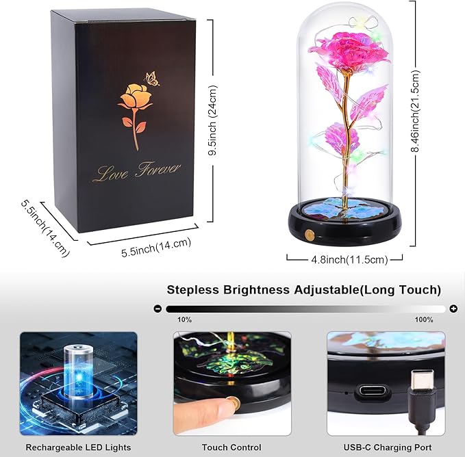 Mothers Day Flowers Gifts for Mom Women Birthday Gift, Rechargeable Galaxy Glass Rose in Glass Dome Forever Crystal Rose Flower Anniversary Mothers Day Roses Gifts for Daughter Wife Women Grandma Pink
