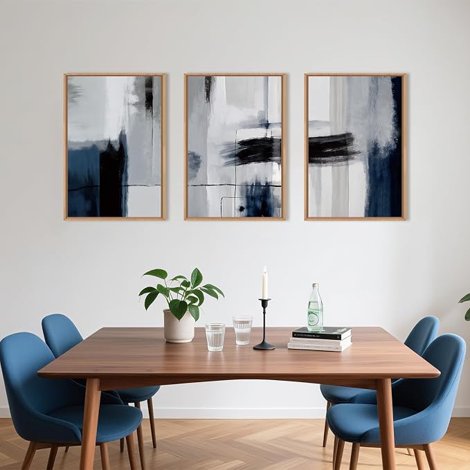 DRACIT Large Abstract Navy Blue Color Block Framed Canvas Print Wall Art Set,Gray White Modern Neutral Brush Strokes Wall Decor,Minimalist Blue Toned Geometric Line Artwork for Living Room,Bedroom-16"x24"x3