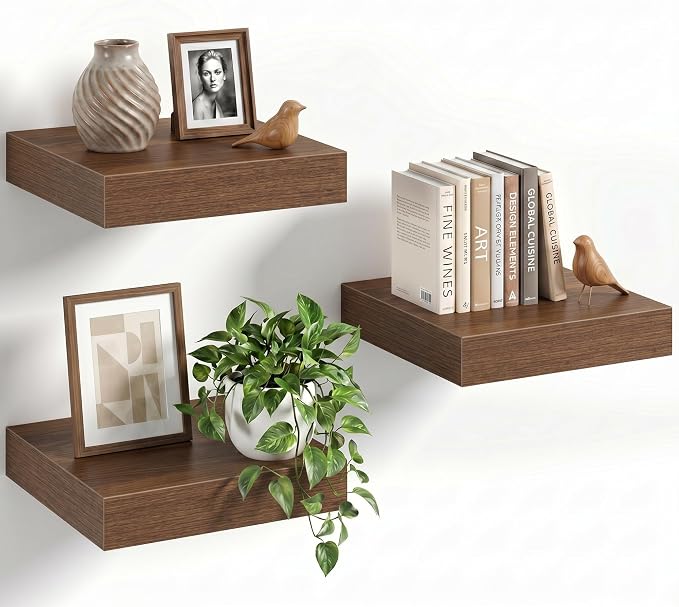 8" Long x 8" Deep Floating Shelves for Wall, Set of 3, 1.5" Thick, Walnut | Rustic Wood Wall Shelves with Invisible Brackets, Storage and Display for Bathroom, Bedroom, Living Room or Kitchen