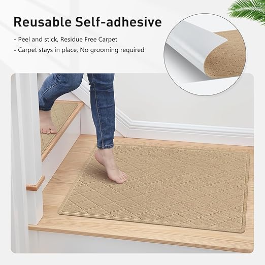 Stair Treads Non Slip Landing Rug for Wooden Steps Indoor, Peel and Stick Stair Treads Matching-Mat 20"X32" Landing Slip Resistant Stair Rugs for Kids and Dogs, Polyester Stair Landing Mat, Beige