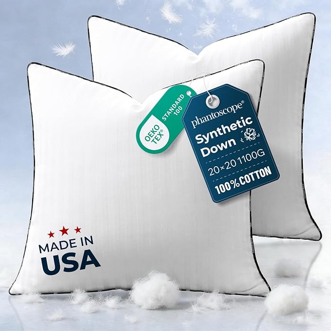 Phantoscope Synthetic Down Pillow Insert - 20x20 Down Alternative, Ultra Soft Large Square Throw Pillow with 100% Cotton for Couch Sham, Bed Sleeping (White, Set of 2)