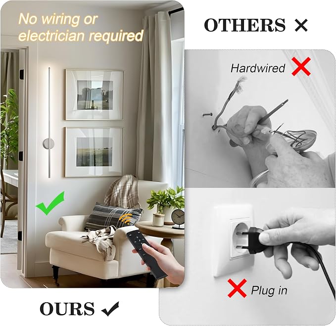 Battery Operated Modern Wall Sconces, Dimmable Wireless Wall Light Set of Two with Remote Control, 3 Color Temperatures, Rechargeable LED Wall Sconce for Bedroom, Living Room,Hallway, 39.3 Inch Nickel