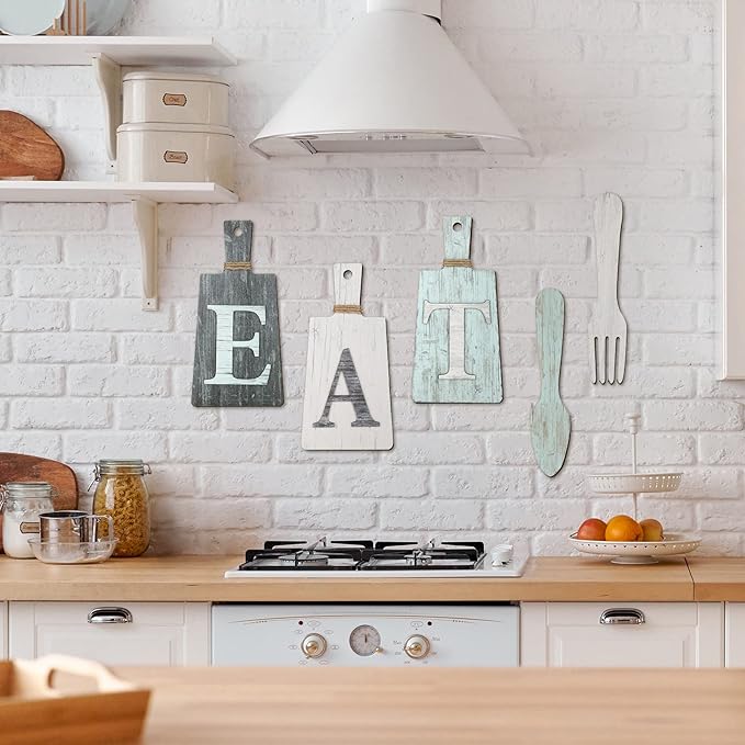Jetec Cutting Board Eat Sign Set Hanging Art Kitchen Eat Sign Farmhouse Fork and Spoon Wall Decor Rustic Primitive Country Kitchen Decor for Home over Cabinet Decoration(Gray, White, Blue)
