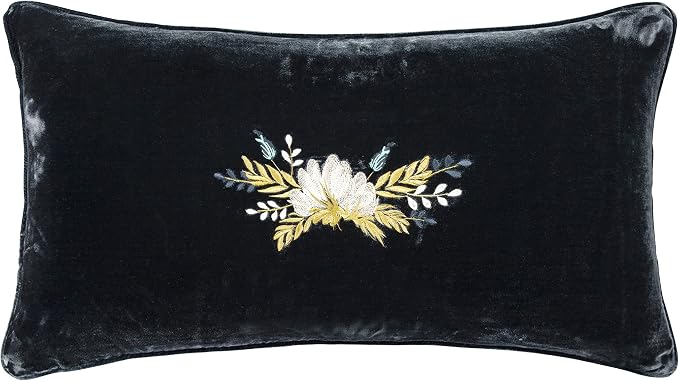 HiEnd Accents Stella Faux Silk Velvet Western Floral Embroidered Lumbar Pillow, 14x24 inch, Midnight Blue, Romantic Western Modern Traditional Style Luxury Bedding, Decorative Throw Pillow
