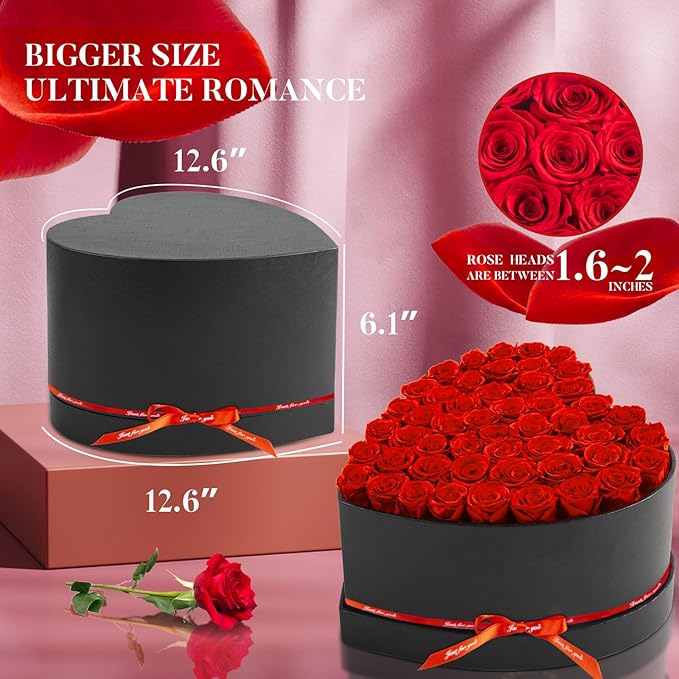 Impouo 50 Forever Flowers, Preserved Rose in Heart Shape Box, Eternal Roses, Birthday Gifts for Women, Wife, Her, Mother's Day -Red