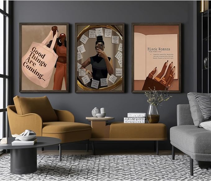 Black Girl Wall Art African American Woman Canvas Wall Decor Black Female Wall Art Fashion Women Poster Feminine Boho Pictures Abstract People Paintings for Bedroom Bathroom 16x24 Inch Framed Set of 3
