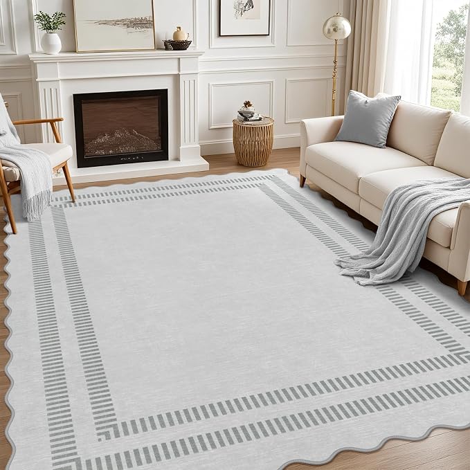 8x10 Area Rugs, Scalloped Grey Modern Living Room Rug, Solid Large Machine Washable Rug Non-Slip, Soft Lightweight Carpet for Bedroom Playroom Dining Room
