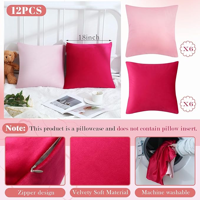 Berlune 12 Pcs Velvet Throw Pillow Covers 18" x 18" Decorative Cushion Cases Soft Pillowcase for Graduation Coquette Party Accessories Couch Sofa Bed Chair Home Decor, No Inserts (Girl Colors)