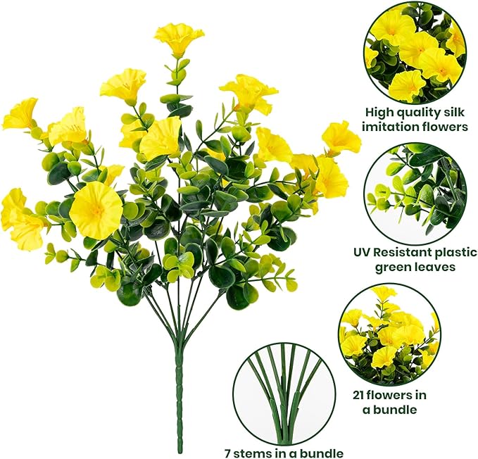 Nigirior Artificial Faux Flowers for Outdoor 16 Bundles Boxwood Fake Morning Glory for Planter,UV Resistant Fake Flowers for Home Porch Patio Outside（Yellow）