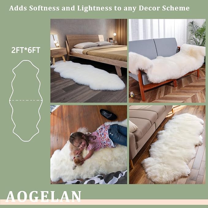 AOGELAN Genuine Sheepskin Rug with Little Patches, Real Shaggy Fur Wool Sheep Skin Throw Pad for Bedroom Living Room Floor, Pray Pup Mat, Chair Sofa Seat Cover, Double Pelt Ivory White