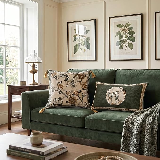 ISAENNE Vintage Linen Rectangle Throw Pillow Cover,Set of 2,20"x12"-Murad E | Designer French Green Pillow Cover,Concealed Zipper Design,Floral and Bird Pattern,Sofa,Bedroom,Living Room,Lounge Chairs