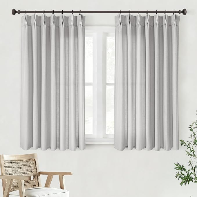 Grey Pinch Pleated Linen Curtains 45 Inch Length 2 Panels for Living Room Bedroom Textured Grey Semi Sheer Drapes Pinch Pleat Rings Window Curtain 40x45