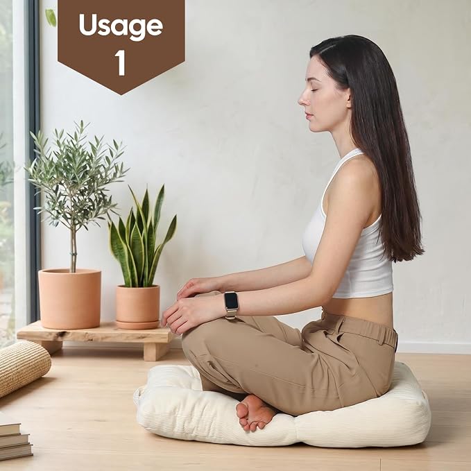 Meditation Cushion, Large Meditation Mat and Pillow for Sitting on Floor, 2-in-1 Portable Yoga Pillow, Tufted Corduroy Zabuton Cushion for Kneeling and Sitting and Knee Support, Beige