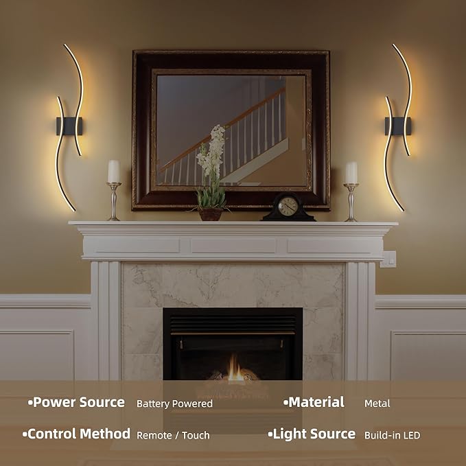 Battery Operated Wall Sconces Set of 2, Dimmable Modern LED Rechargeable Wall Light with Remote Control, Wall Decor for Living Room, Hallway, Quick Install, No Electrician Required