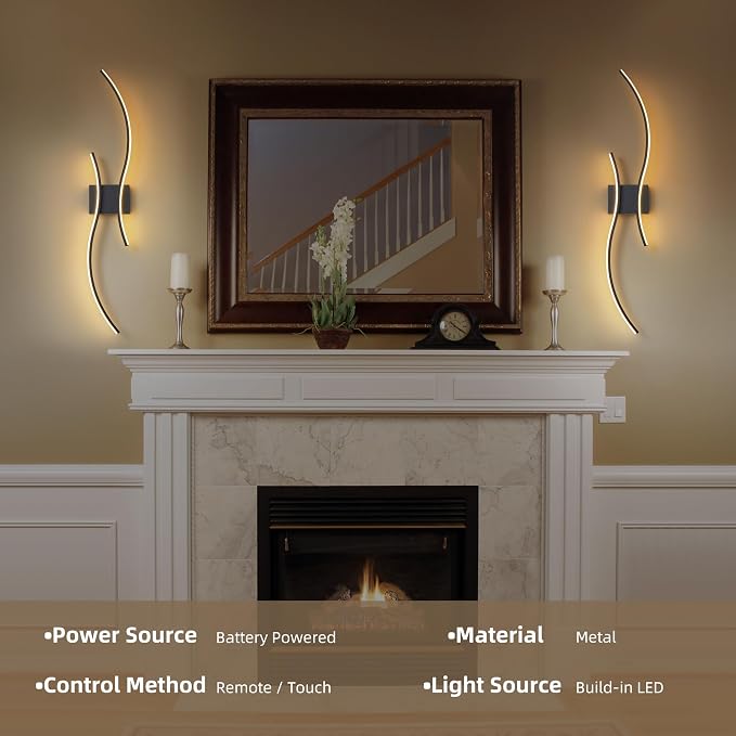 Battery Operated Wall Sconce Set of 2, Dimmable Modern LED Rechargeable Wall Light with Remote Control, Wall Decor for Living Room, Hallway, Quick Install, No Electrician Required