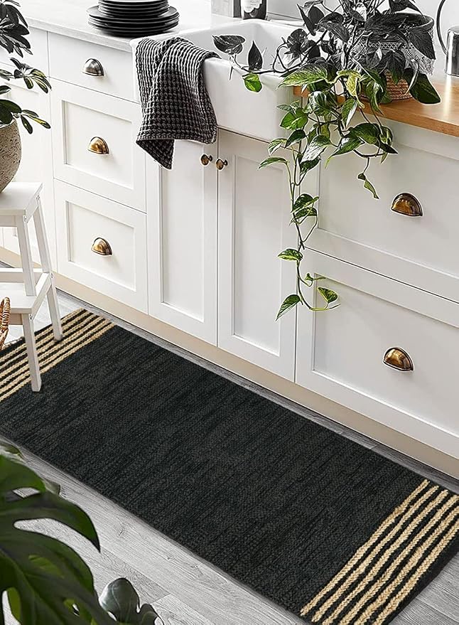 GRUHUM Jute Runner Rug 2'6"x10' ft Black Leather Natural Jute Rug 2.5x10 ft | Handwoven Boho Braided Soft Rustic Vintage Ecofriendly Indoor Rugs for Kitchen Farmhouse Bedroom Hallways Entryways