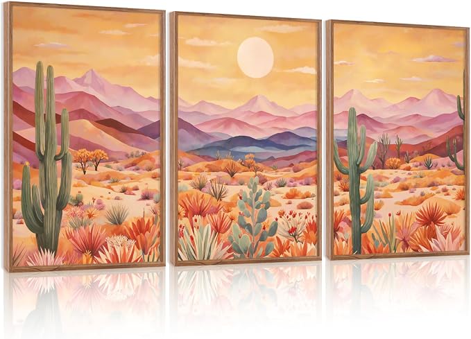 HOURIA 3Pcs Abstract Sunset Mountain Desert Cactus Canvas Wall Art(24"x36"),Vintage Southwest Landscape Arizona Wall Decor,Mid Century Modern Boho Wilderness Art Print for Office Farmhouse Living Room